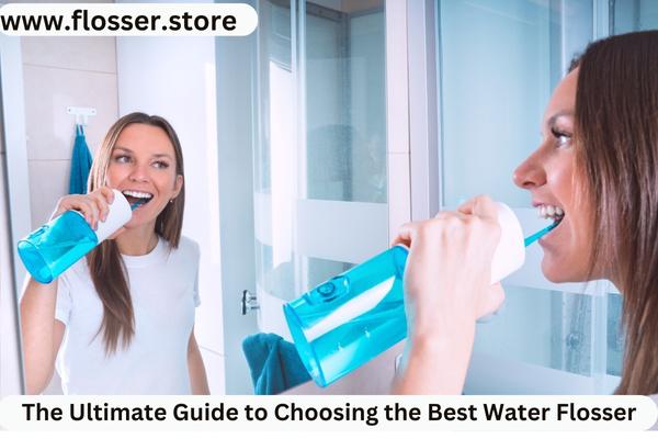 Young beautiful woman with perfect smile using water flosser